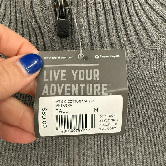 Eddie Bauer Mens Signature Cotton 1/4 Zip Pullover Size Medium Tall Gray New - Picture 5 of 8